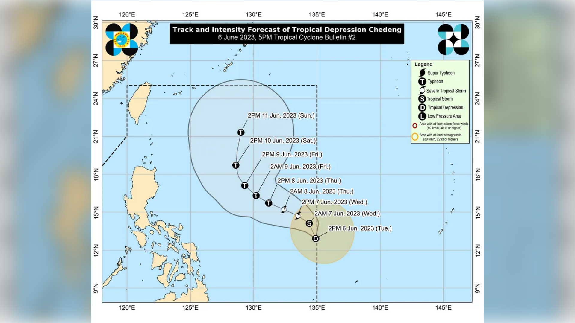 Tropical Depression Chedeng strengthens marginally while remaining practically stationary.