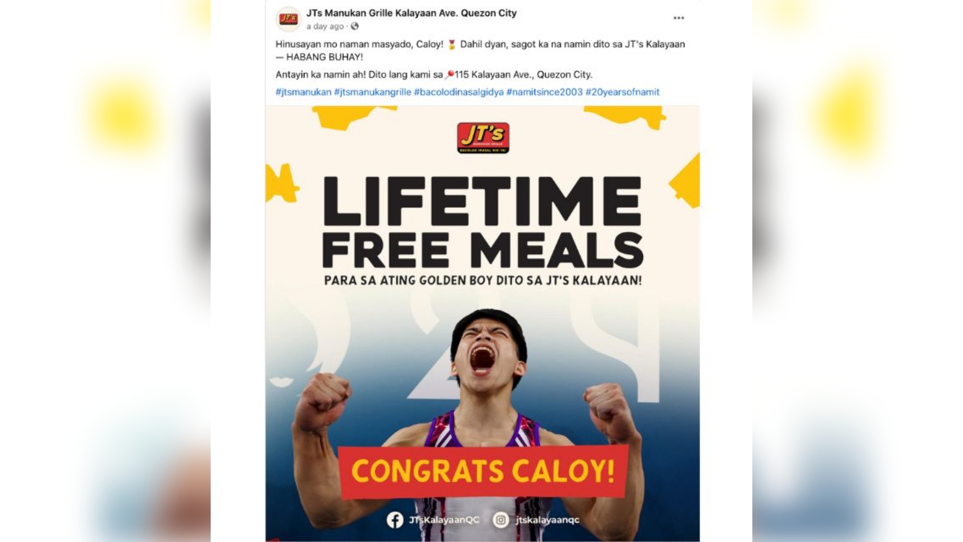 Carlos Yulo, the gold medallist, received free food and coffee for life.