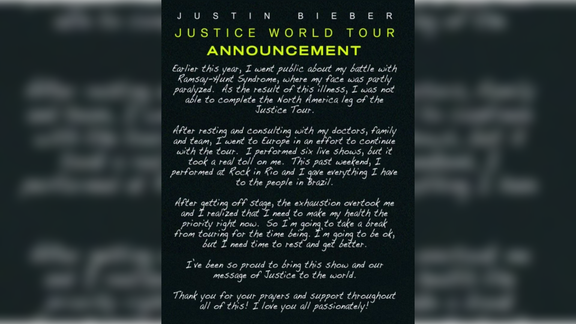 Tour dates for Justin Bieber have been postponed