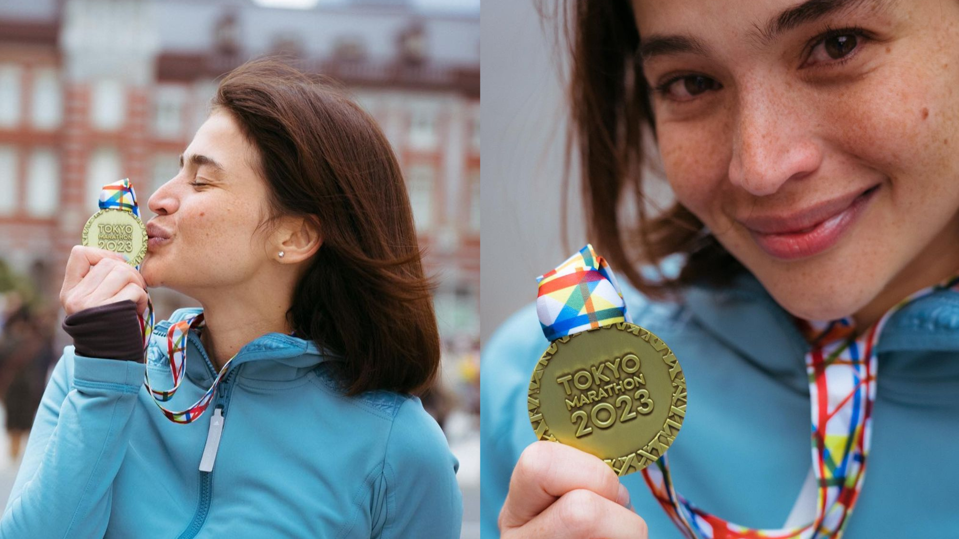 When Anne Curtis finishes the Tokyo marathon, she becomes emotional and says, "Dedicated to the Filipino youth."