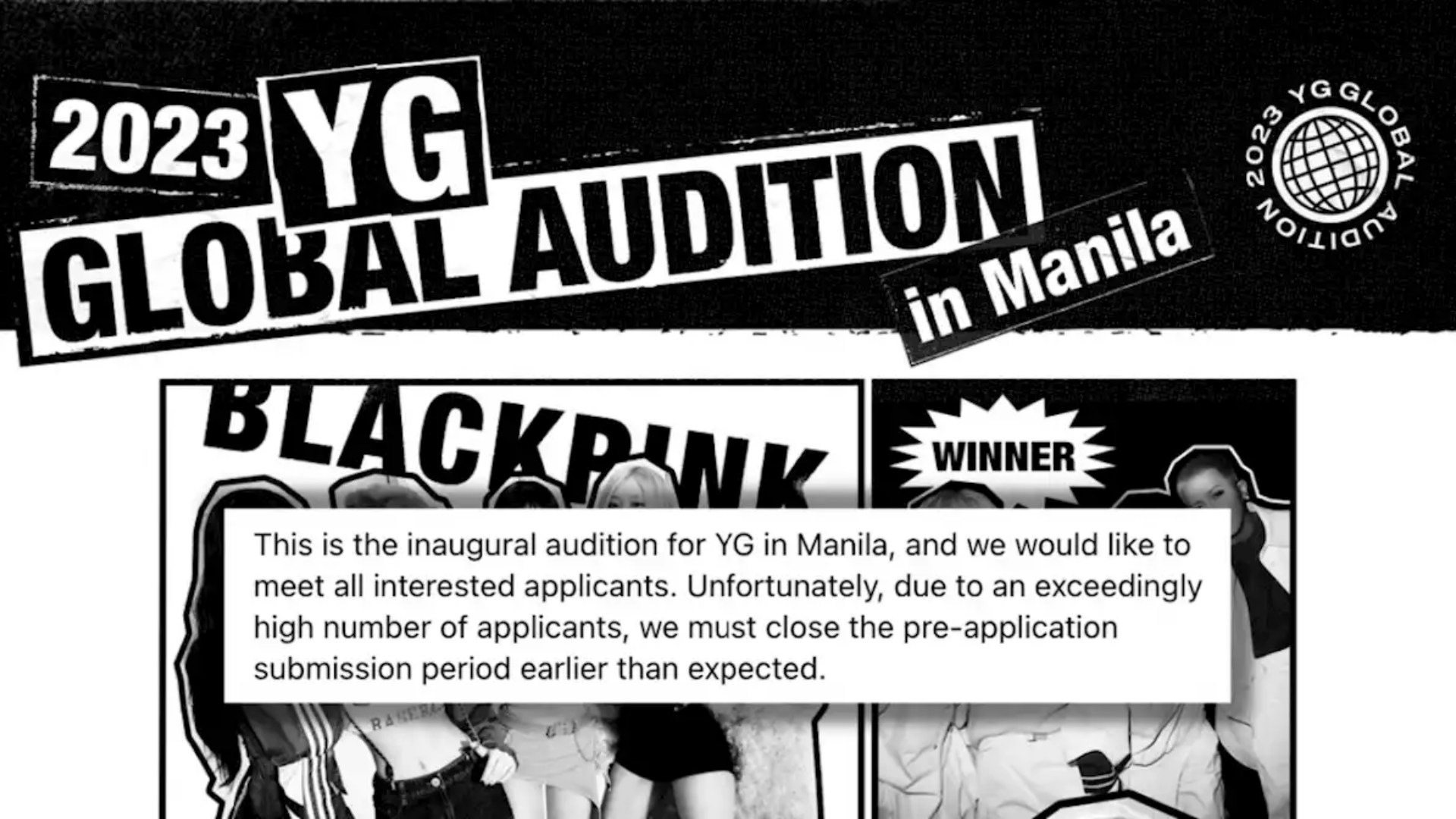 Due to a large number of applicants, YG Entertainment closes the Manila application early